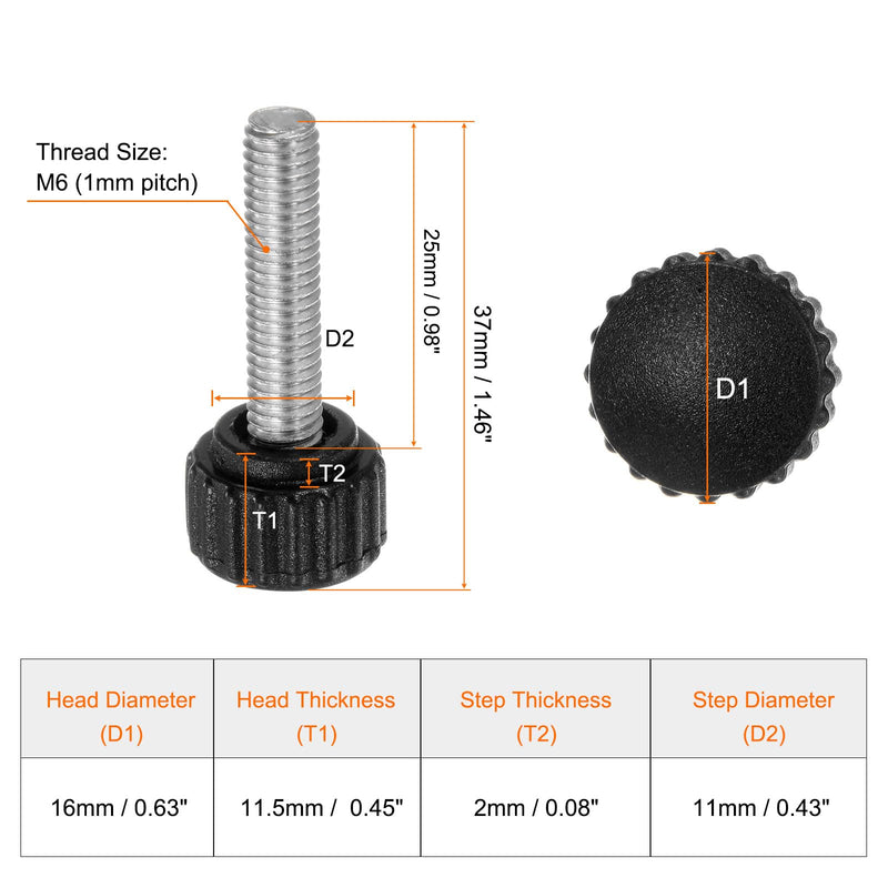HARFINGTON 10pcs Knurled Clamping Knobs Thumb Screws M6 x 25mm Metric Male Thread 16mm Matte Plastic Head 304 Stainless Steel Stud Hand Threaded Knob Thumbscrew Handle, Black M6 x 25mm x 16mm