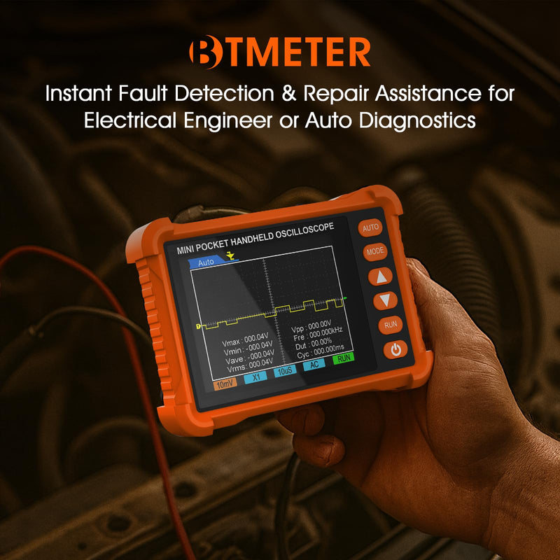 BTMETER Mini Handheld Digital Oscilloscope - 250 kHz Bandwidth, 2.5 MSa/s Sampling, 2.8" LCD, AUTO/Normal/Single Trigger, ±40 V Input (X1), Portable Pocket Scope for Electronics Repair & Education Orange