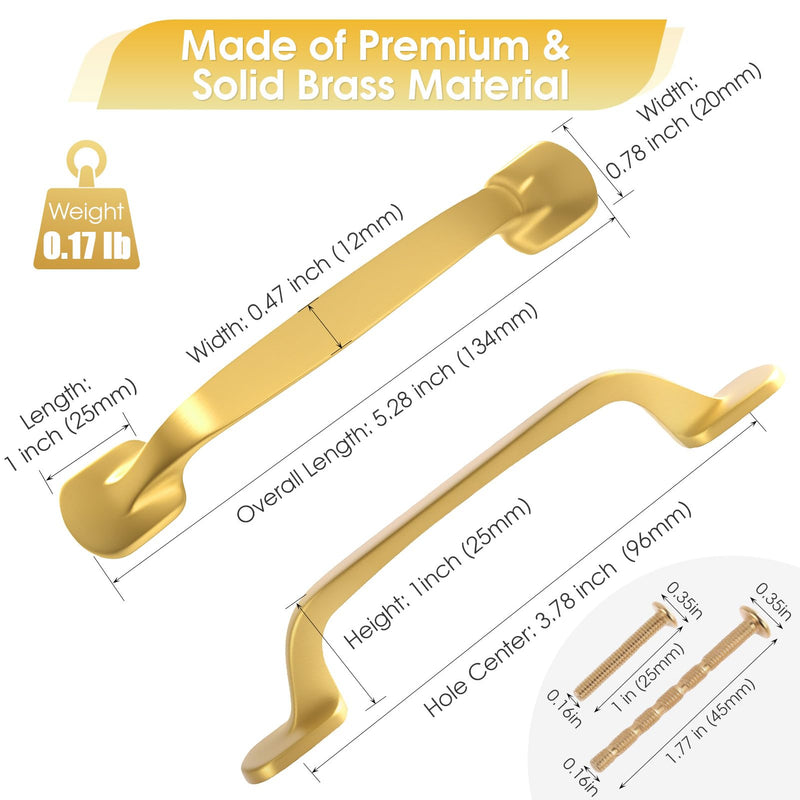 Solid Brass Cabinet Pulls Handles 3-3/4 Inch Hole Center Brushed Brass Finish Luxurious Cabinet Hardware Dresser for Kitchen Drawer Dresser Cupboard 5 Pack