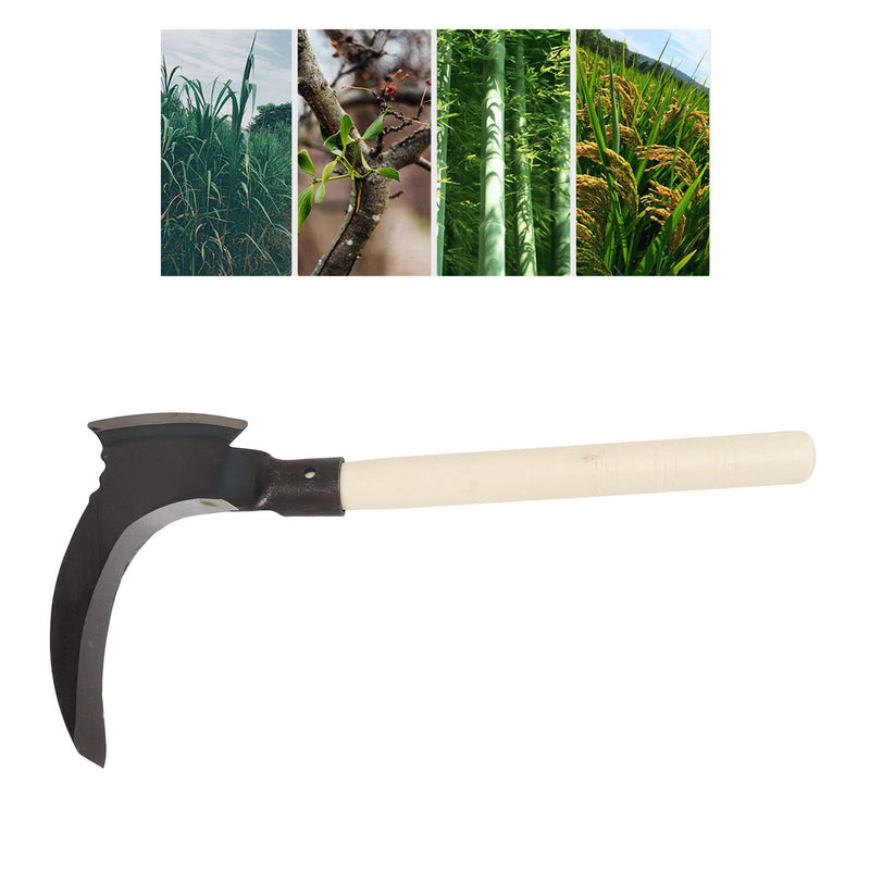 Grass Sickle, Manganese Steel Portable Held Sickle Tool Grass Lawn Gardening Farming Weed Remover Scythe Blade Cutter Grafting Knife for Outdoor Gardening, Clearing Vines Single Cutter Head, Wooden Stick