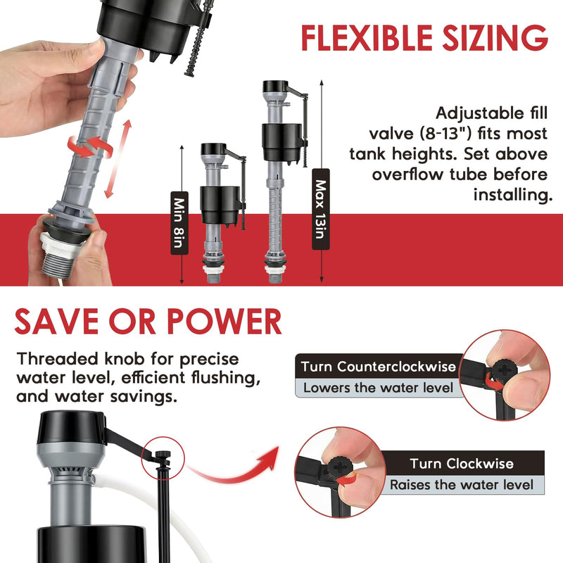 Universal Toilet Flush Valve Replacement Kit, Height Adjustable Fill Valve with Threaded Flow Control Knob, 2-Inch Black Flapper, Quiet Water-Saving Toilet Repair Kit Inside Tank BLACK 1