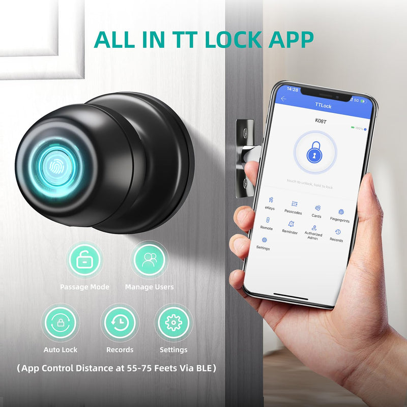 Smart Door Knob, Fingerprint Door Knob, Biometric Smart Door Lock with App Control, Metal Alloy Door Knobs, Easy Installation, Great for Bedrooms, Cloakroom, Apartments Offices, Hotel(Black) Black