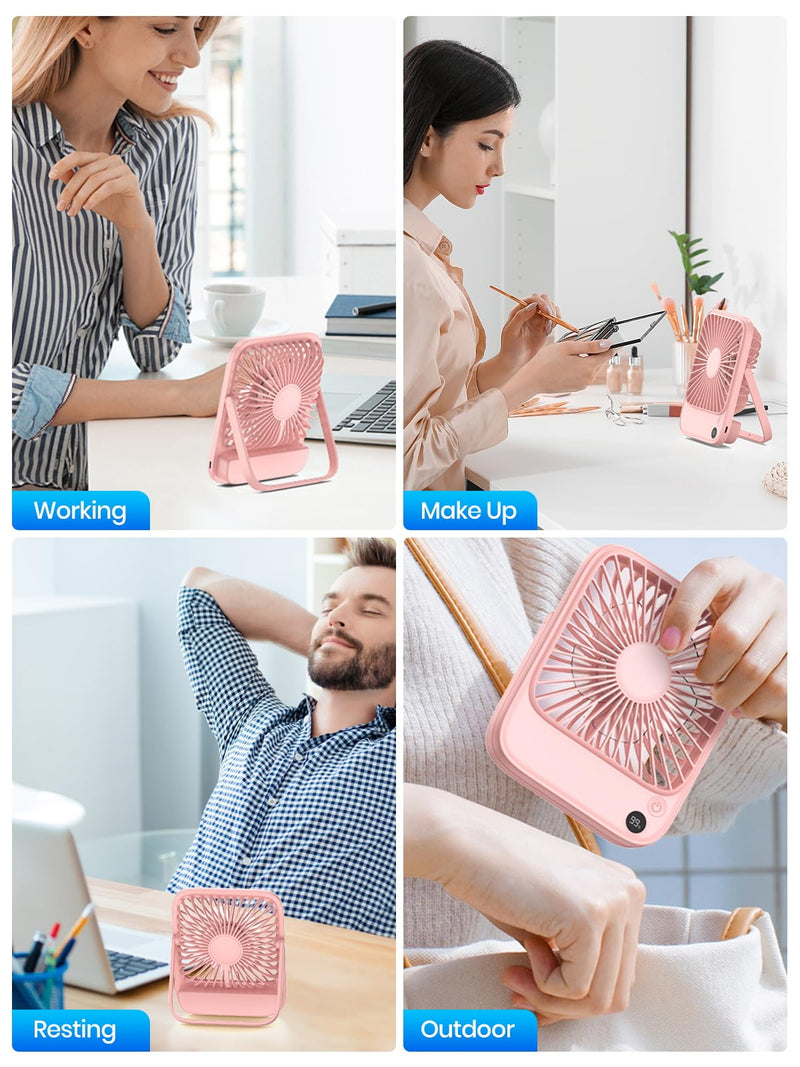 TOPK 2 Pack 5000mAh Portable Desk Fan, Ultra-Thin Rechargeable Battery Operated Fan with Digital Display, Quiet 4-Speed Small Personal Travel Fans for Office, Bedroom, Cruise, Outdoor Black & Pink