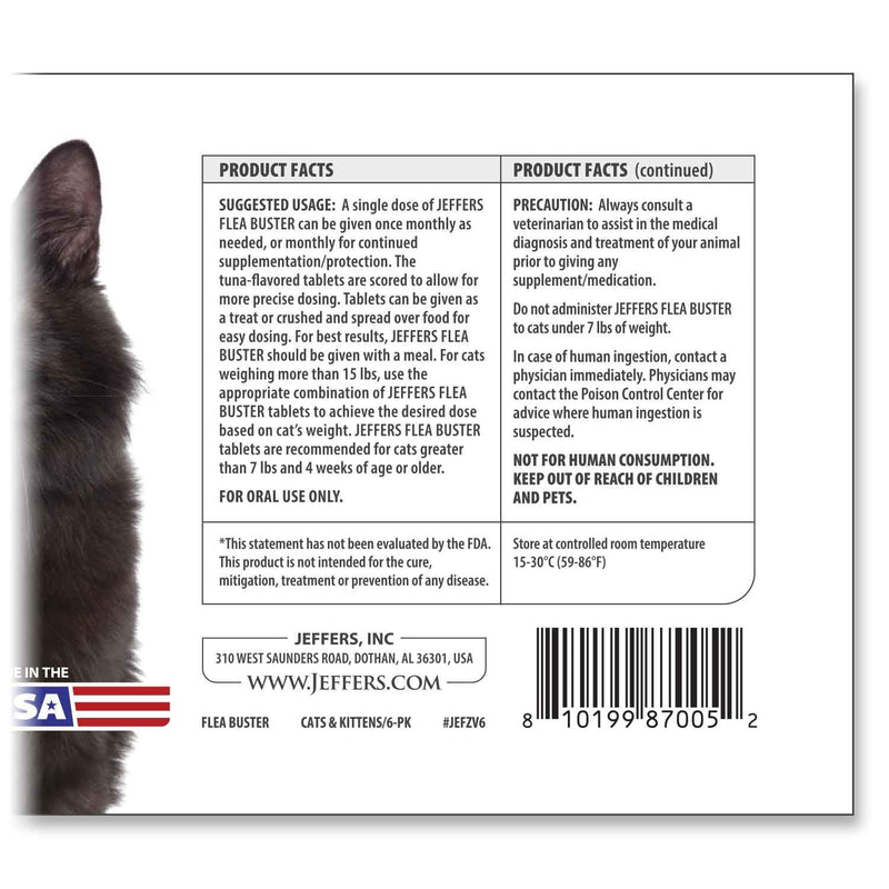 Jeffers Pet Flea Buster Chewable Tablets for Cats and Kittens 7-15 lbs, Tuna Flavor Supplements, Monthly Cat Flea Support, Made in USA, Easy to Feed Cat Tablets, Travel Friendly - 6 Count 7–15 lb