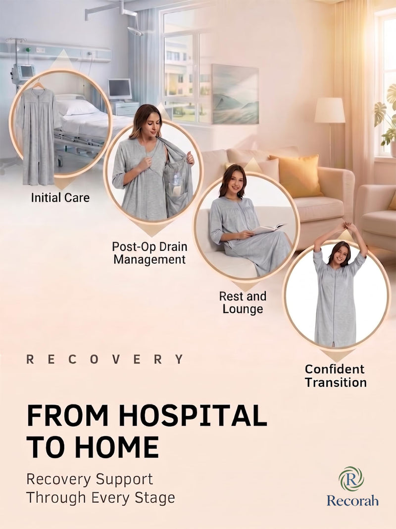 Mastectomy Recovery Robe for Women, Front Zip Post Surgery Gown with 4 Drain Pockets for Breast Recovery XX-Large Grey