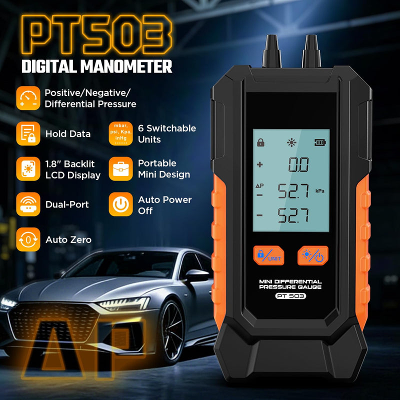 Manometer Gas Pressure Tester, Dual-Port HVAC Digital Differential Pressure Gauge with 6 Switchable Units, Large Backlit LCD, Data Hold Function, 7 Adapters, -101 to 200 kPa Range