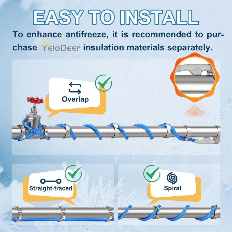 6 FT Heating Cable for Water Pipes with Upgraded Thermostat, Heat Trace for Metal And Plastic Home Water Pipes YeloDeer, 120 V Electric Pipe Heat Cable for Pipe Freeze Protection 6-Feet