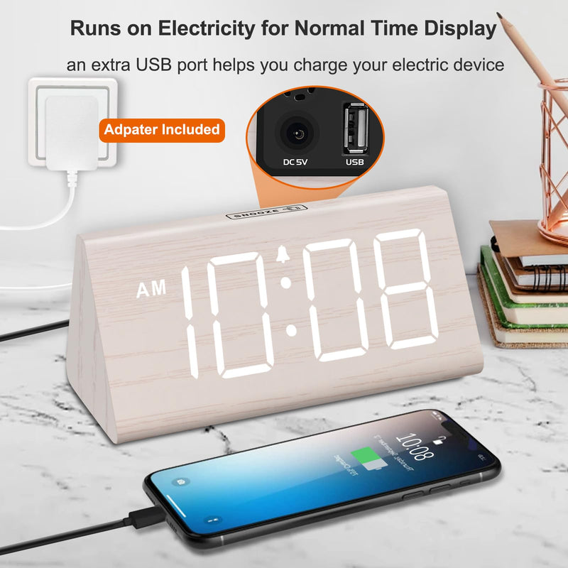 DreamSky Wooden Digital Alarm Clock for Bedroom - Living Room Desk Clock with Large Numbers, Bedside Nightstand Clock with USB Port, Adjustable Volume, Dimmer, DST, Office Wood Décor, Adapter Powered White (Plug-in)