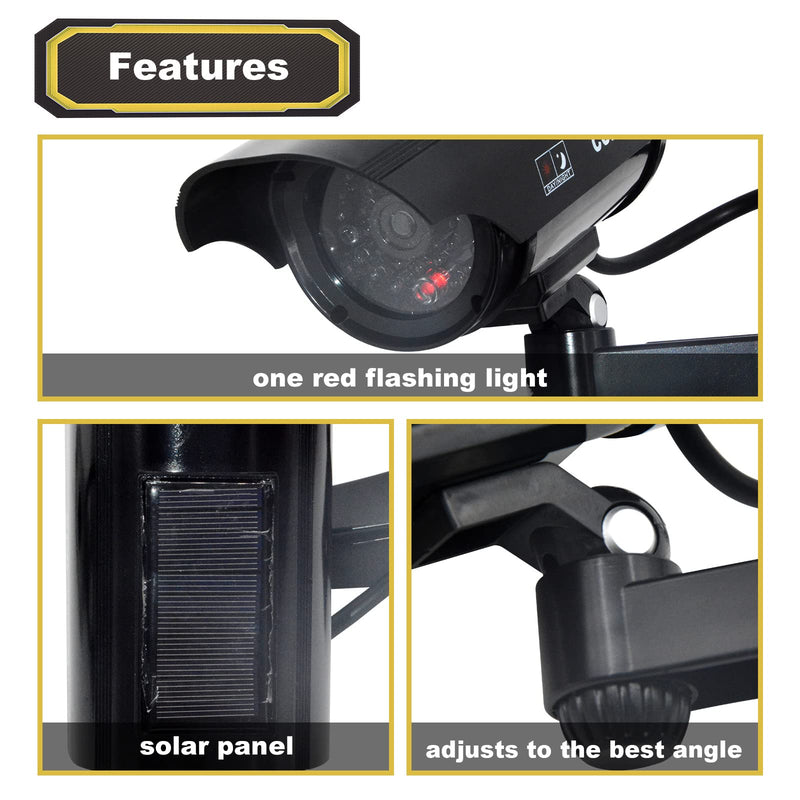 F FINDERS&CO Solar Powered Fake Security Camera, Bullet Dummy Security Camera Surveillance System with Realistic Red Flashing Lights Indoor Outdoor (4 Black)