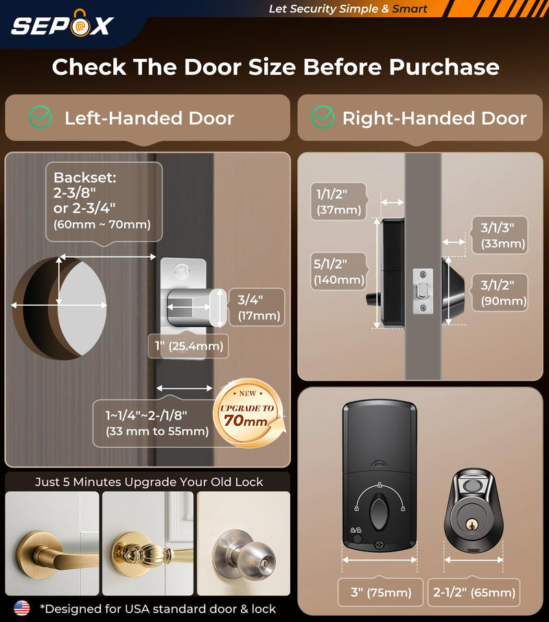 SEPOX® Smart Deadbolt Door Lock, 5-in-1 Keyless Entry (Fingerprint, Bluetooth, WiFi, Tuya APP, Key) Auto Lock/Unlock, Front Gate & Bedroom Compitable, Upgrade Lever & Knob, Unique & Universal Design Matt-Gun-Black 1 Piece