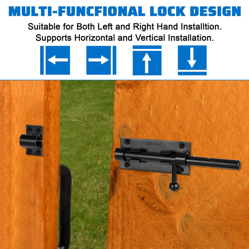 2 Pcs Slide Lock, 304 Stainless Steel Gate Latch, Slide Bolt Latch,Thickened Heavy Door Latch Lock, 6 Inch Black Barrel Bolt Latch, Security Slide Latch Lock