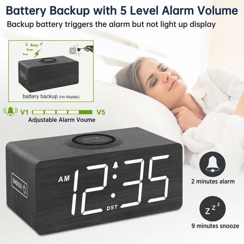 DreamSky Wooden Digital Alarm Clock with Wireless Charging for Bedroom, Bedside Nightstand Clock with Charger Station, USB Port, Large Numbers, Adjustable Volume, Brightness Dimmer, DST Black