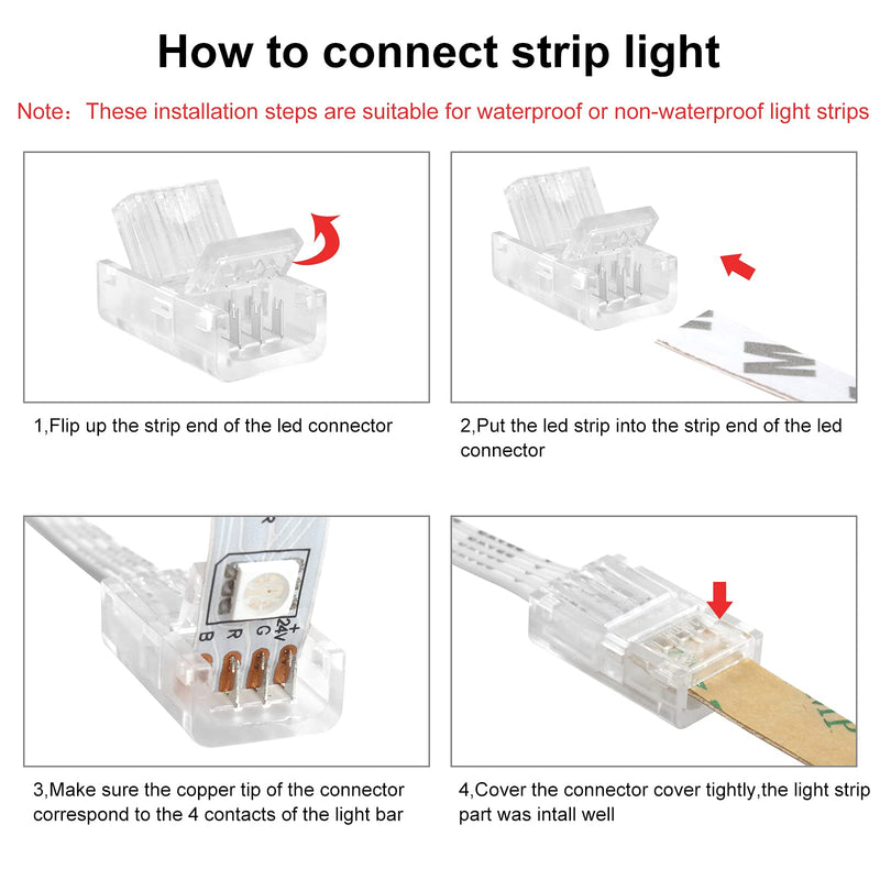 RGBZONE 𝟰 𝗣𝗶𝗻 𝟭𝟬𝗺𝗺 𝗟𝗘𝗗 𝗦𝘁𝗿𝗶𝗽 𝗖𝗼𝗻𝗻𝗲𝗰𝘁𝗼𝗿 𝗞𝗶𝘁 32.8ft 4 Pin RGB Extension Wire and 5 Pcs 4 Pin LED Strip to Wire Connectors for 10mm IP20/IP65 5050 3528 SMD RGB LED Strip Light 4pin 10mm kit