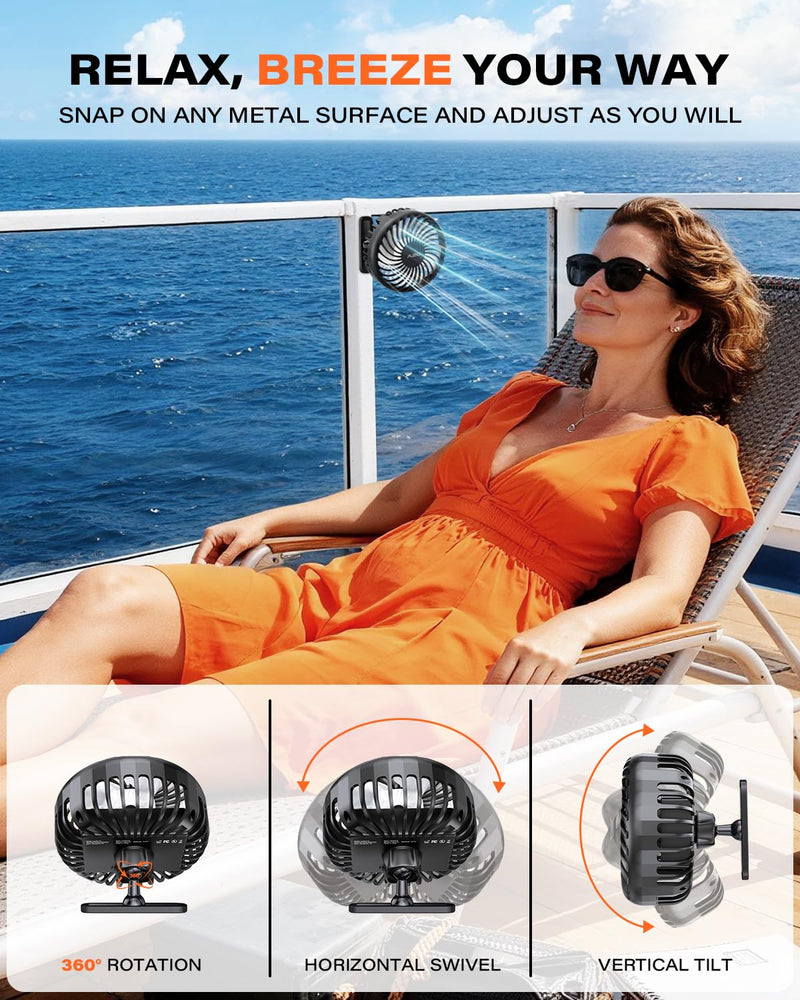 A2C 4.7-Inch Big Magnetic Cruise Ship Fan for Cabin Wall Ceilings, Cruise Essentials 2025, Versatile Clothes Hats Hooks, Rechargeable Battery, 360° Rotation, 3 Speeds, 2026 Travel Accessories Gifts
