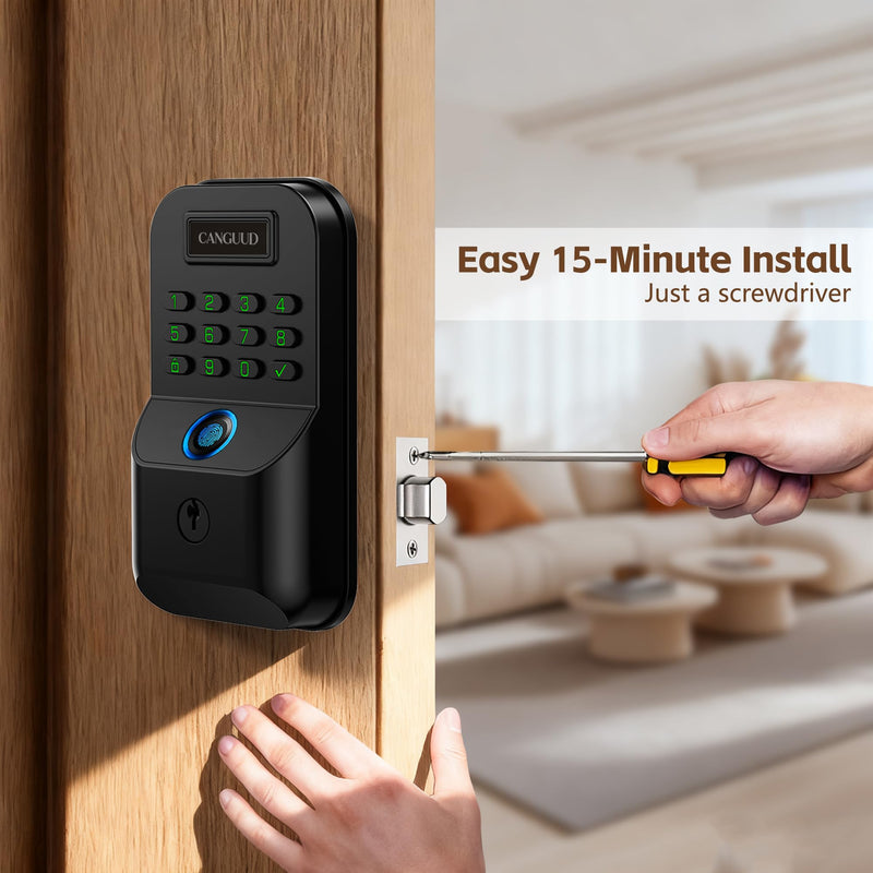 Smart Door Lock with Fingerprint - Keyless Entry Door Lock with Keypad, APP Control Electronic Keypad Deadbolt for Front Door, Auto Lock, One-time Codes, Easy to Install, Matte Black Matte Black-Without Door Handles