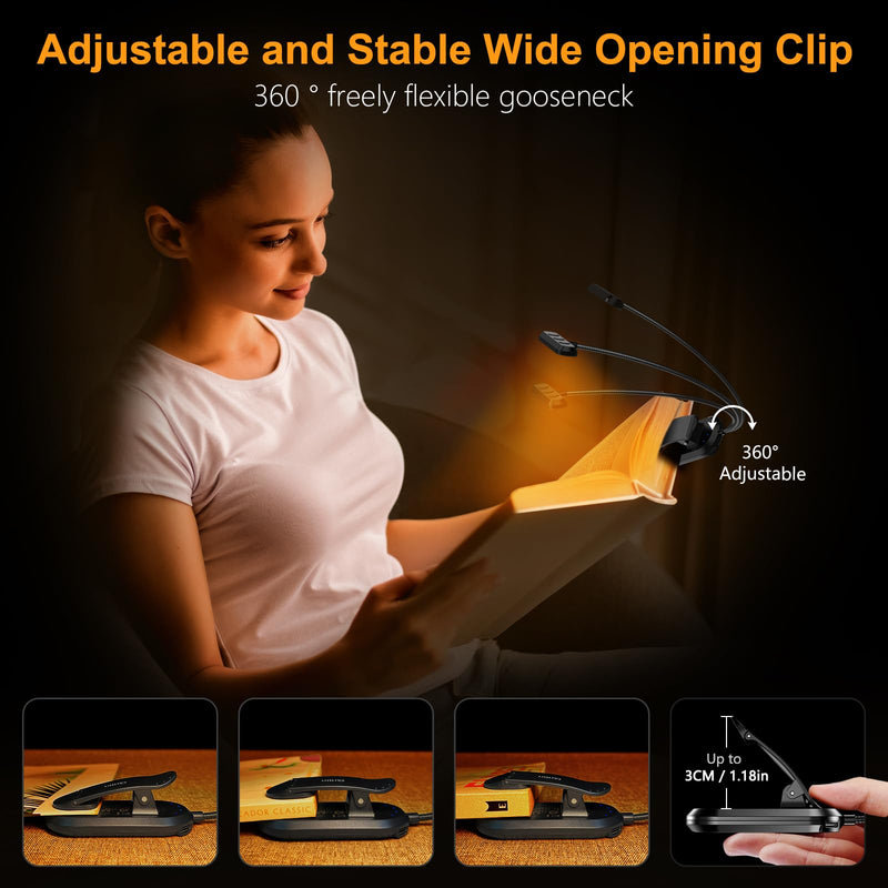Gritin Rechargeable Book Light for Reading in Bed with 19 LED &Memory Function-Eye Caring 3 Color Temperatures,5 Brightness Levels,80 Hrs Runtime Flexible Goose Neck Clip on Light for Book Lovers Black