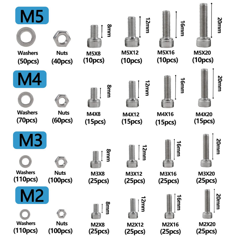 newlng 945pcs Screws Set M2 M3 M4 M5 Screws with Nuts and Washers Set Stainless Steel 304 Hexagon Cylinder for DIY Fixing with Storage Box M2345-2