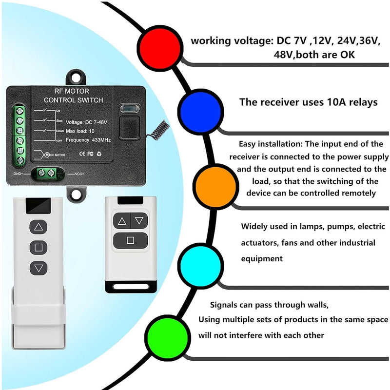 Forward Reverse Remote Control Switch,Linear Actuator 12V Remote Control Switch,DC7V-48V 10A Remote Control Switch,328 Feet Remote Control Range,for Motors,Winch Electromagnetic Relay Contactors 7V-48V DC