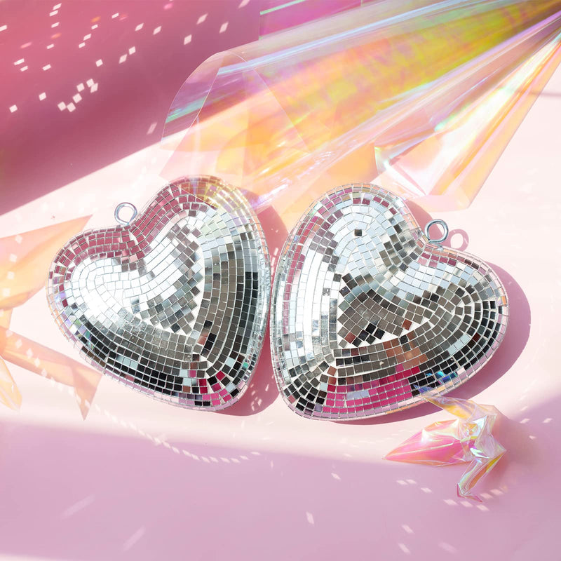 Valentines-Day Gift Heart Shaped Disco-Ball - 2 Pack Mirror Disco Balls for Valentines Day Gift Party Reflective Decor for Table, Desk, Room, Home, Bar, Hanging Disco Decor Retro Silver (6 inch)