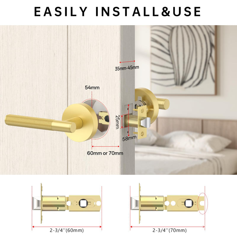 FILTA Gold Door Handles Interior Passage Round Door Handle Knobs Knurled Heavy Duty Keyless Door Lever Lock for Bedroom and Bathroom 1 Pack Passage Door Lever