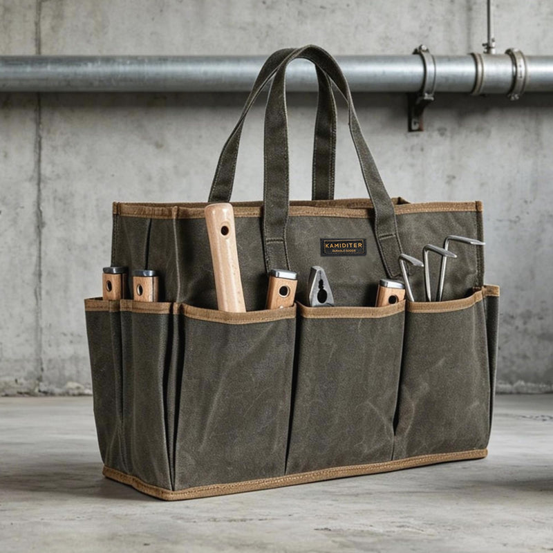 Waxed Canvas Tool Bag Tote, 14 Inch Heavy Duty Tool Organizer with 10 External Pockets & 1 Large Compartment, Army Green