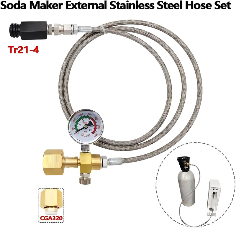 Upgraded Soda Machine Co2 Adapter Stainless Steel Hose with Larger Pressure Gauge, CGA320 Co2 Tank Direct Hose Adapter to Jet/One Touch/Fizzi/Aqua Fizz Soda Water Machine (60 inch)