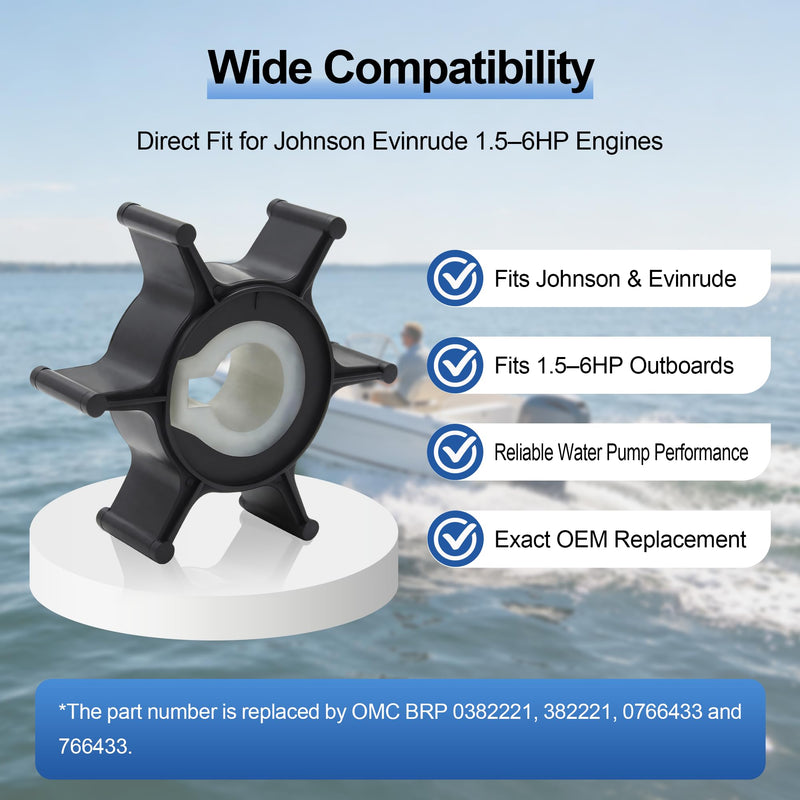 MARKGOO Water Pump Impeller 382221 0382221 Replacement for Evinrude Johnson OMC BRP Outboard Motor 1.5HP 2HP 4 HP 6HP Boat Accessories Engine Parts 766433 0766433