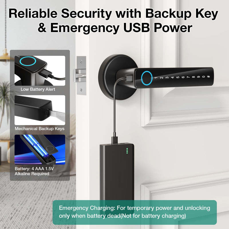 Fingerprint Door Lock with 2 Keycards & App Control – 5-in-1 Smart Door Knob for Bedrooms, Keys & Code, Store 50 Fingerprints Stainless Steel