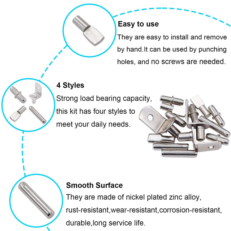 100PCS 4 Styles Shelf Pins Kit - Nickel Plated Shelf Bracket Pegs & Shelf Support Pins,Dowel Pin and Shelf Holders for Shelves Cabinet Furniture Closet etc