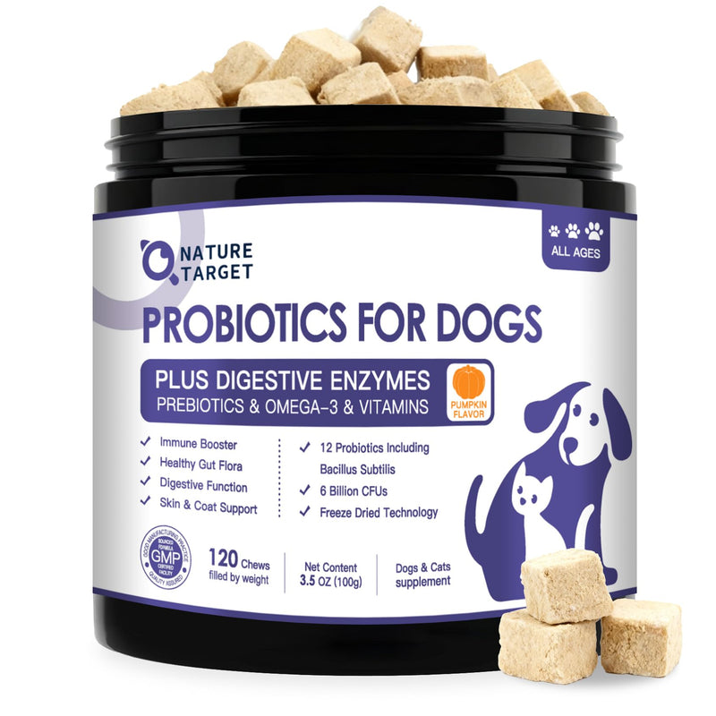 NATURE TARGET Probiotics for Dogs, 6 Billion Dog Probiotics with Prebiotics & Enzymes for Digestive & Gut Health, Pumpkin, Omega-3 & Multivitamins for Itchy Skin, Allergies, 120 Dogs Probiotics Chews 120 Count (Pack of 1)