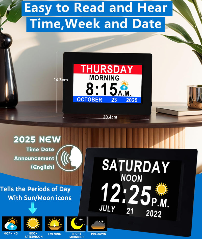 MASSII 19 Alarms Digital Talking Clock with Loud Voice Time Date, Auto DST, 20 Custom Reminders, 10-Level Dimmer, Sleep Trainer, Speaking Day Date Calendar Clock for Seniors Dementia- with Remote 7" Hd Black