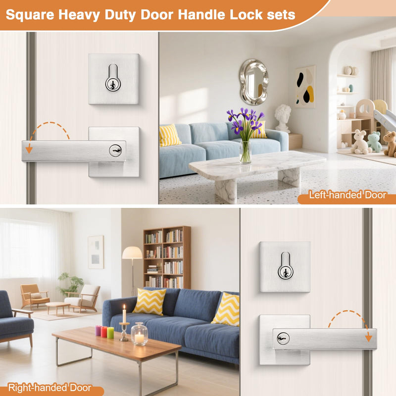 Probrico Square Entrance Lever with Single Cylinder Deadbolt Set Keyed Alike Combo Pack(for Office and Front Door), Heavy Duty Satin Nickel Entry Door Lockset for Right and Left Side, 1 Pack Brushed Nickel