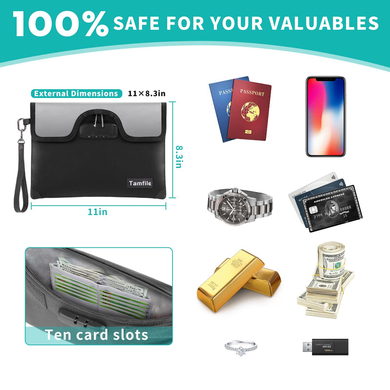 5200°F Fireproof Money Bag with Lock, Water Fireproof Document Bag with Zipper, 8 Layers Fire Insulation, Small Fireproof Safe Storage Pouch with Lock for Cash, Passport, (8.3" x 11", Black) Small (8.3" x 11")