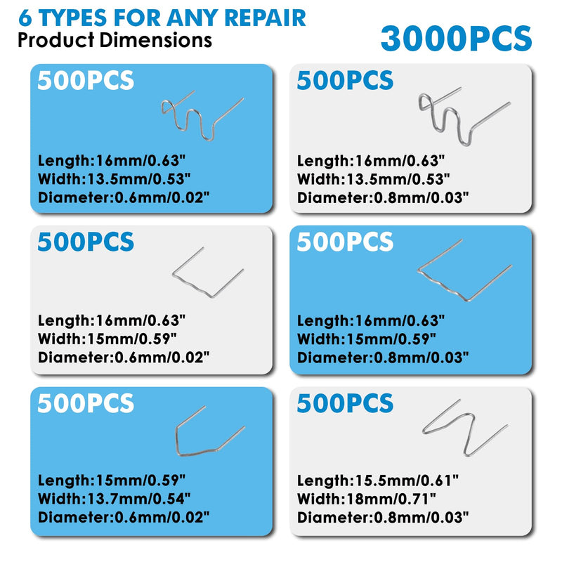 3000PCS Plastic Welding Staples 0.6/0.8mm – 6 Types Hot Stapler Kit for Car Bumper, Dashboard & Lamp Holder Repair – Stainless Steel Welder Staples for Plastic Welding Gun