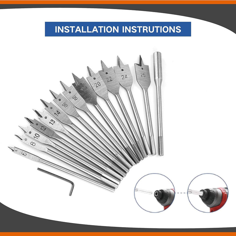 15-Piece Spade Drill Bit Sets, 6‑25mm Paddle Flat Bit with 1/4'' Quick Change Shank & 6'' Drill Bit Extension for Hole Cutter Woodworking