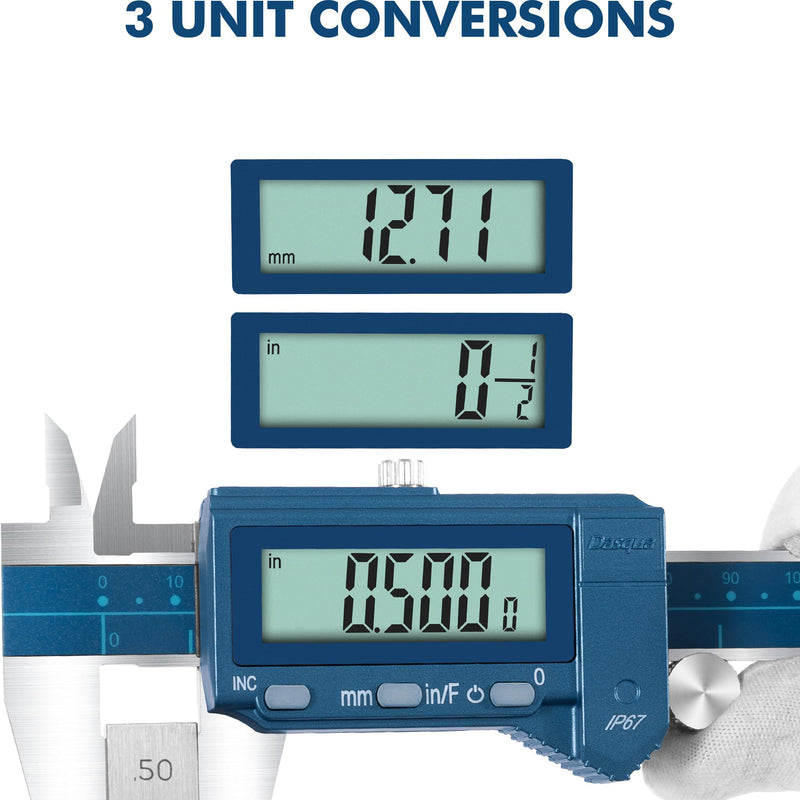 Dasqua 6”/150mm IP67 Absolute Origin Digital Caliper, Stainless Steel, Accuracy ±0.001”/0.02mm, Resolution 0.0005"/0.01mm/1/128, Water/Coolant/Dust Protection, in/mm/Fraction Conversion Blue Case Cover 6"/150mm