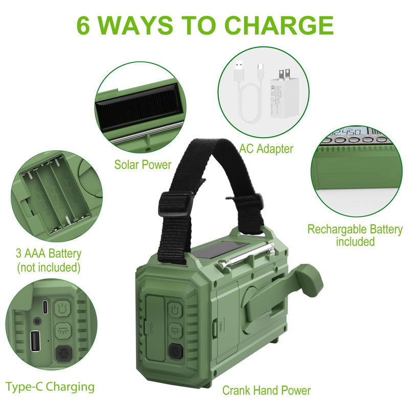 Raynic Emergency Radio, 12000mAh/44400mWh Battery Operated Weather Radio, Solar Hand Crank Radio with AM/FM/SW/NOAA Alert, Cell Phone Charger, Type-C Charging, Flashlight and SOS Siren Olive-Green-LCD Display