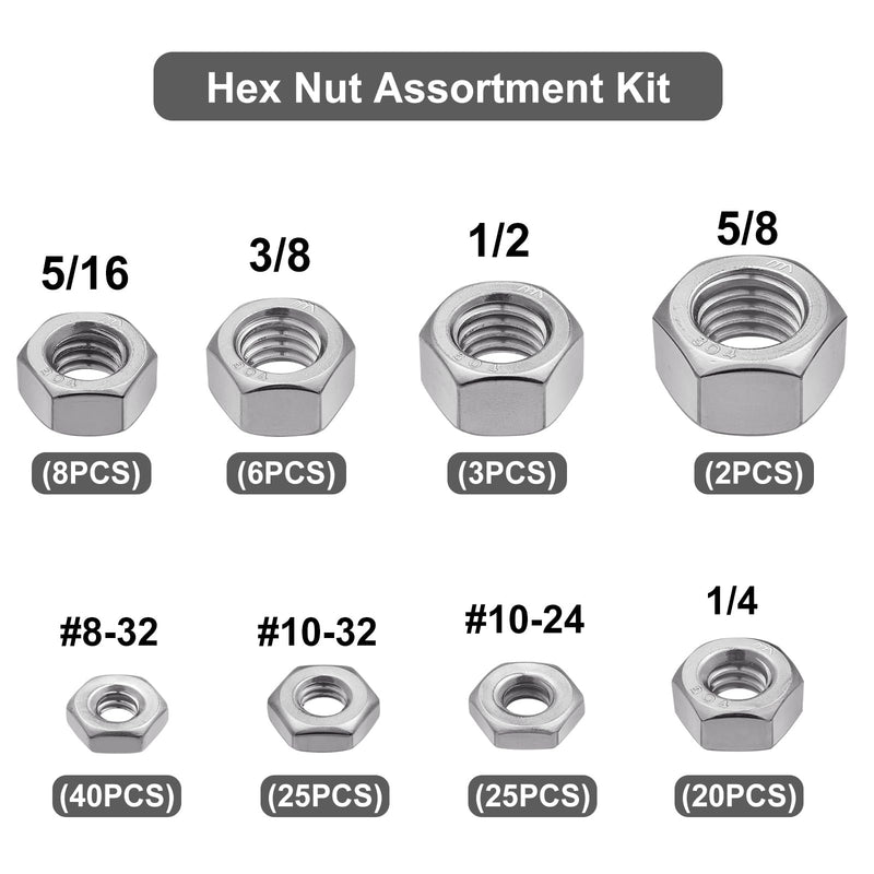 129pcs SAE Hex Nuts Assortment Kit 8-32 10-24 10-32 1/4"-20 5/16"-18 3/8"-16 1/2"-13 5/8"-11, 304 Stainless Steel 18-8 External Hex nut Set SAE Kit