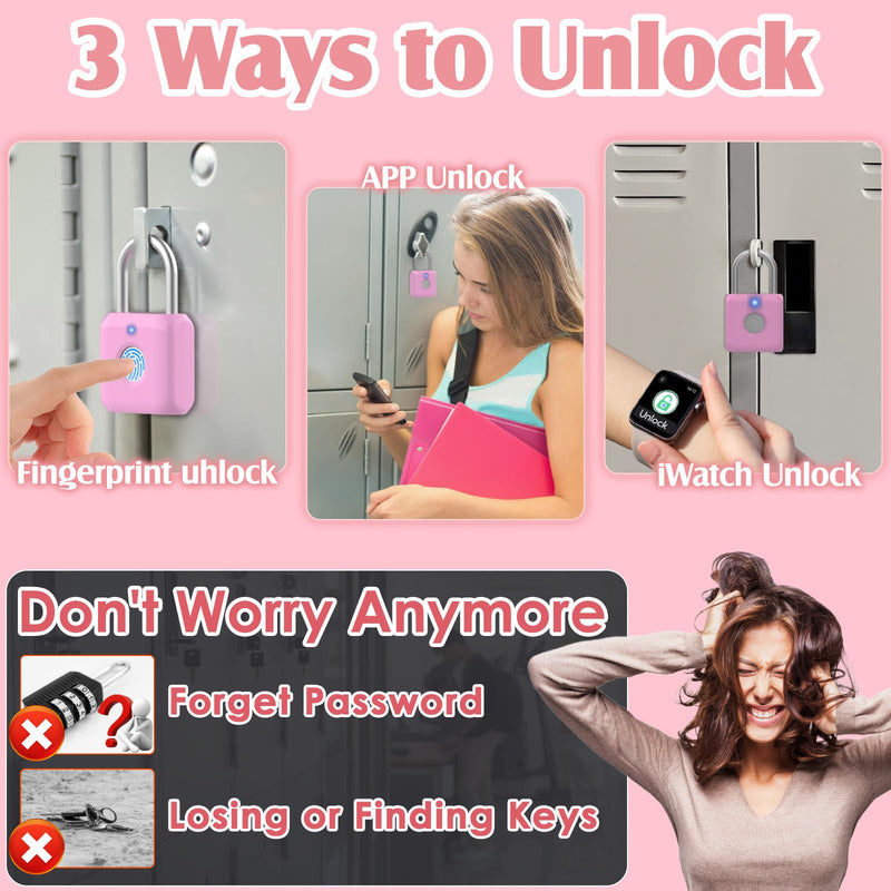 Pothunder Fingerprint Padlock, Locker Lock, Combination Lock, Fingerprint Lock with APP Unlock, USB Rechargeable, Suitable for Gym Locker, Door, Locker Rosebud Pink