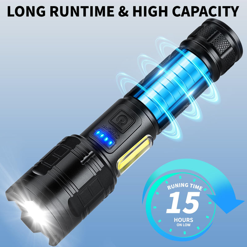 Rechargeable LED Flashlights High Lumens, 99,000 Lumen Super Bright Flashlight with 7 Modes & Waterproof, Powerful USB Rechargeable Handheld Flash Light for Camping Home Black