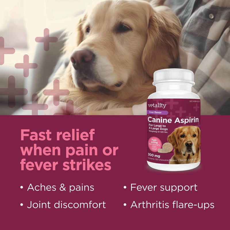 Vetality Canine Aspirin for Dogs | Fast Pain Relief | Large to X-Large Dogs | Liver Flavor | 120 Chewable Tablets No Color