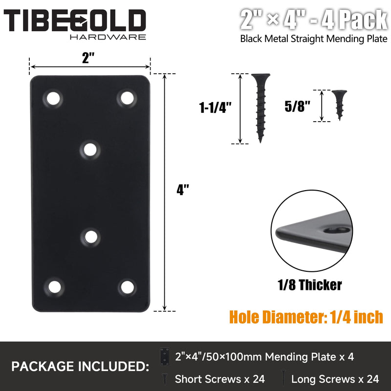 Mending Plate, Metal Steel Flat Straight Brace Bracket, Black Double-Wide Joining Plate for Wood Furniture Fastening & Fixing with 2 Sets of Screws of Different Lengths(50x100mm, 4 Pack) 2"×4"/50*100mm