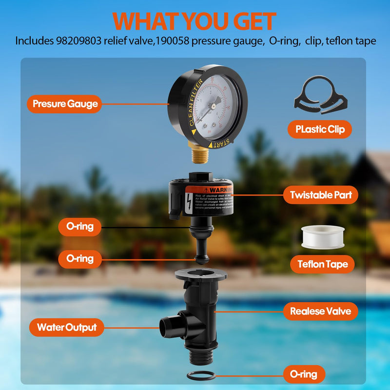 98209800 High Flow Manual Relief Valve/Air Relief Manual Valve Assembly with Pressure Gauge, Replacement for Pool and Spa Filter (2 PACK-98209800) 2 PACK-98209800