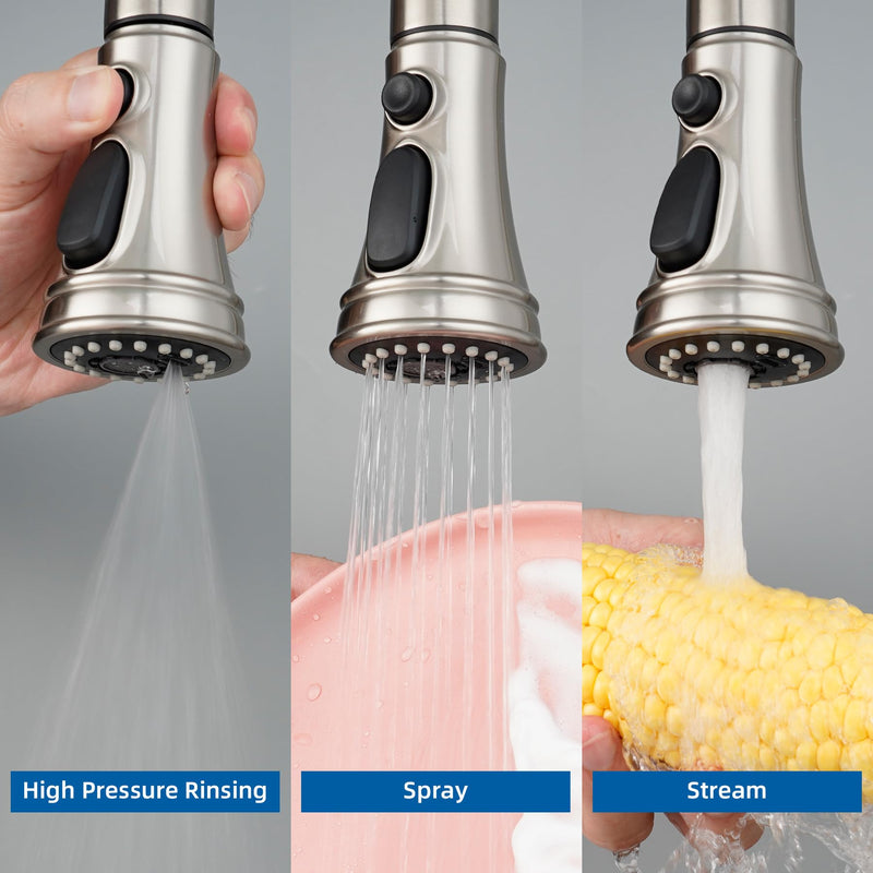 Hibbent Kitchen Faucet Head Replacement with Pull Down Spray Head, 3 Function Faucet Sprayer Nozzle - 15 Adapters Compatible with Moen, American Standard, Delta, Kohler - Brushed Nickel Stay on spray with hold button(common)