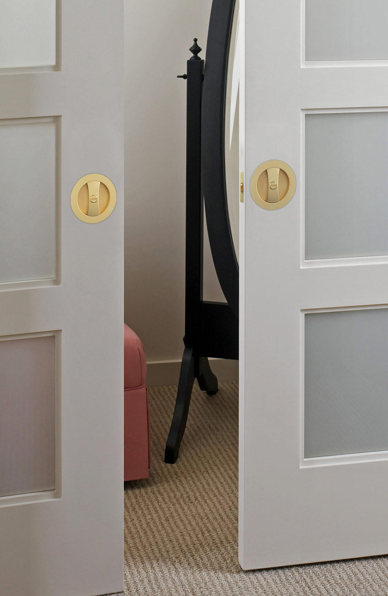 goldenwarm Brushed Nickel Round Pocket Door Lock, Pocket Door Hardware for 2-1/8'' Round Bore Hole, Pocket Door Handles Fit 1-1/4'' to 2'' Thickness Sliding Door 2-3/8'' Latch 1 Pack Classic 1 Pack Brushed Gold