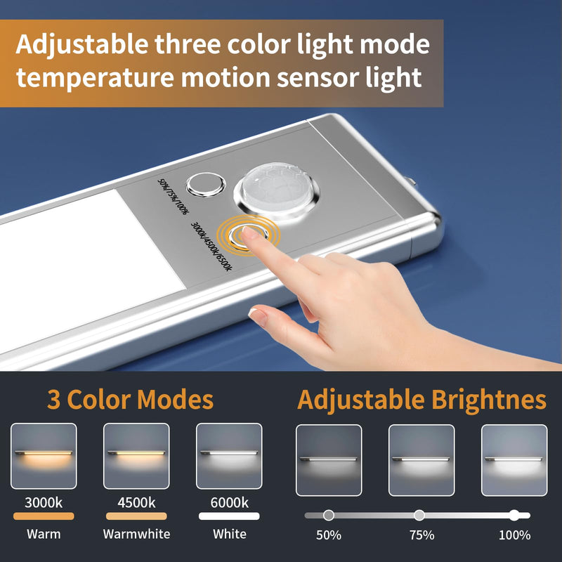 Under Cabinet Lights,76 LED Operated Motion Sensor Light Indoor,1500mAh USB Rechargeable Closet Lights, 2 Pack Magnetic Dimmable Closet Lights，Wireless Under Counter Lights for Kitchen, Stairs 2Pack-9.5inch