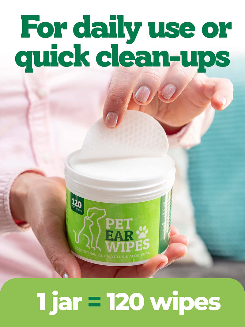 120ct Pet Ear Wipes for Dogs w/Itch Relief | Natural Coconut Oil, Eucalyptus & Aloe | Irritation Relief, Easy Otic Wax Cleaner Solution Pets