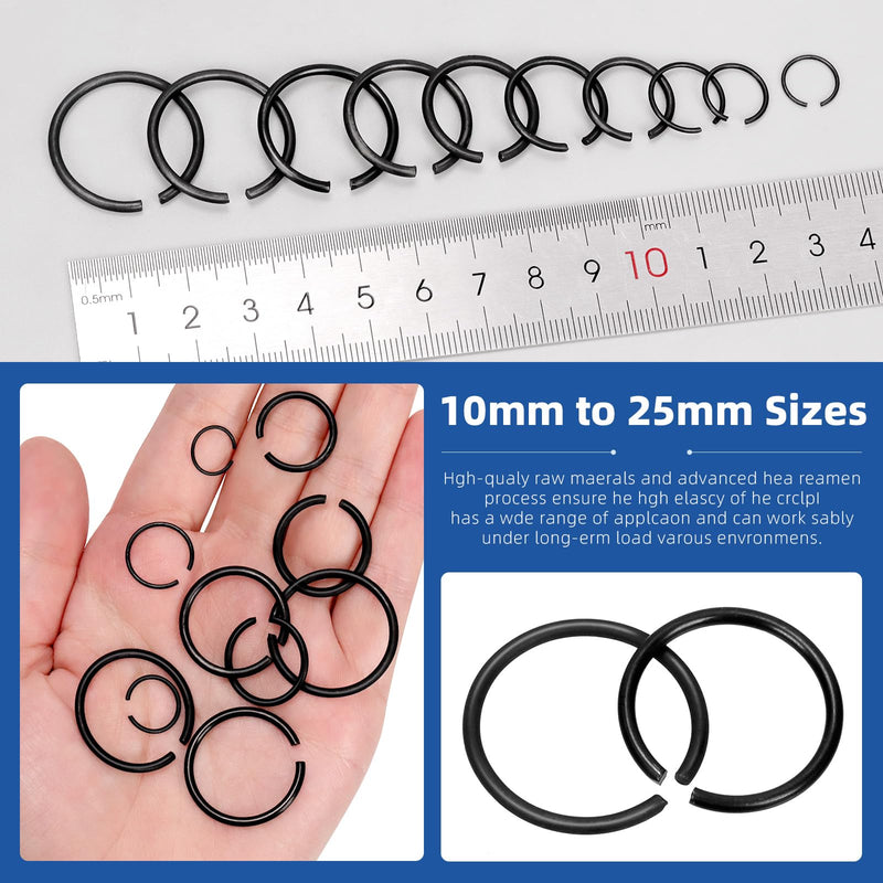 Glarks 150pcs GB895.2 65Mn Metric 10 Sizes 10MM to 26MM Round Wire C-Clips Internal Snap Rings Assortment Kit Round Wire Snap Rings Retaining Rings Classic Circlip for Shafts