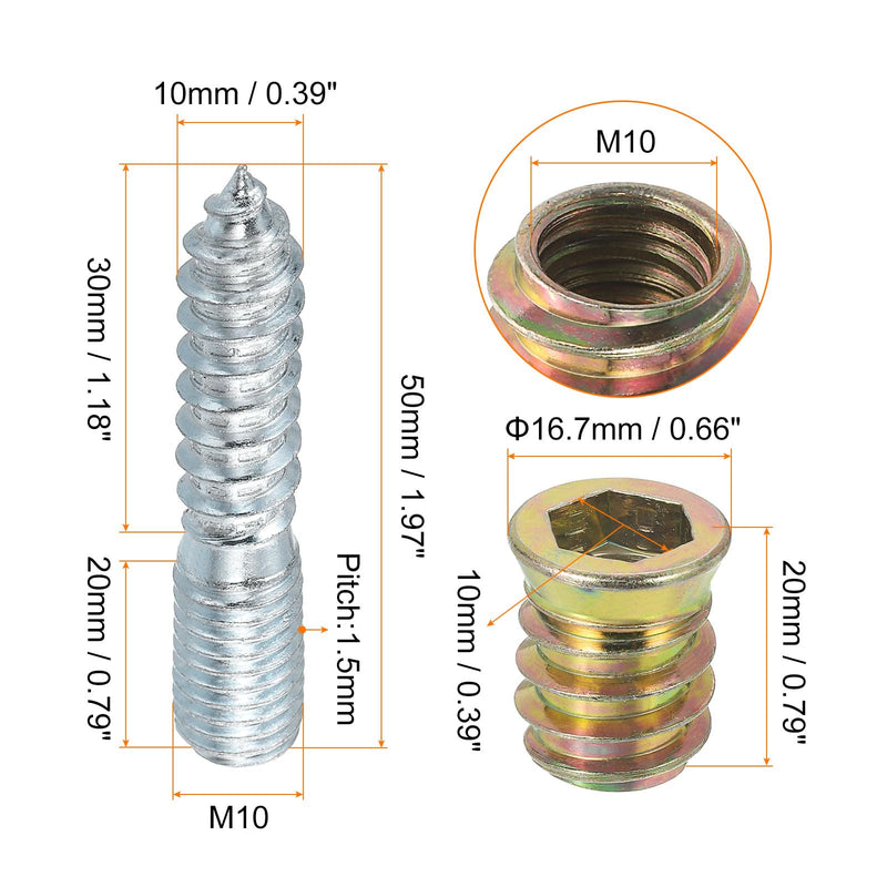 uxcell M10x50mm Hanger Bolts, 8pcs 30mm Wood Dowel Screw Self-Tapping Screw with 8pcs M10x20mm Threaded Insert Nuts Interface Hex Socket Drive, for Joint Furniture Legs 8