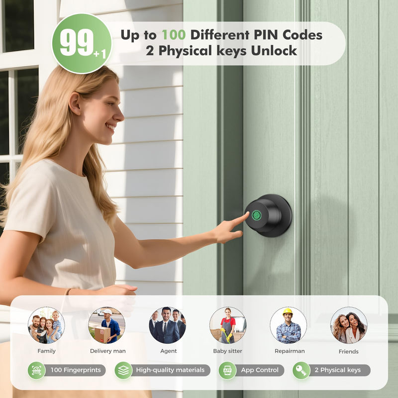 Fingerprint Door knob, Smart Door knob, Intelligent biometric Fingerprint Door Lock, keyless Entry, controllable via app, Suitable for bedrooms, Storage Rooms, Apartments, Offices, Hotels (Black) Black